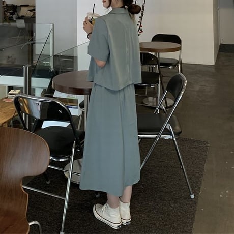 セットアップ ショートジャケット ＋ ロングスカート 半袖 ハイウエスト 韓国ファッション レディース 上下セット ジャケット スカート 大人可愛い ガーリー DTC-647137554861