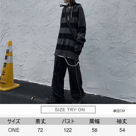 ユニセックス ダメージ加工 ボーダーニット ドロップショルダー 韓国ファッション メンズ レディース セーター オーバーサイズ ビター系 ストリート系 モード系 DTC-630622135755