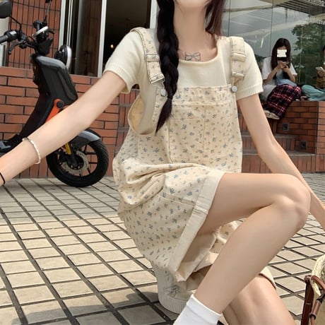 小花柄 デニム ショート丈 サロペット オーバーオール ハイウエスト ルーズ レトロ 韓国ファッション レディース  大人可愛い ガーリー DTC-783084287787