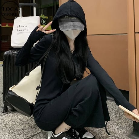 フード付き ニットワンピース ハーフジップ スリム ロングワンピース ニット ハイウエスト 長袖 レトロ 韓国ファッション レディース 大人可愛い ガーリー DTC-737695949703