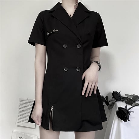 ベルト付き ワンピース シャツ 韓国ファッション レディース ダブルブレスト ハイウエスト ショート丈 シンプル ガーリー DTC-617702303491