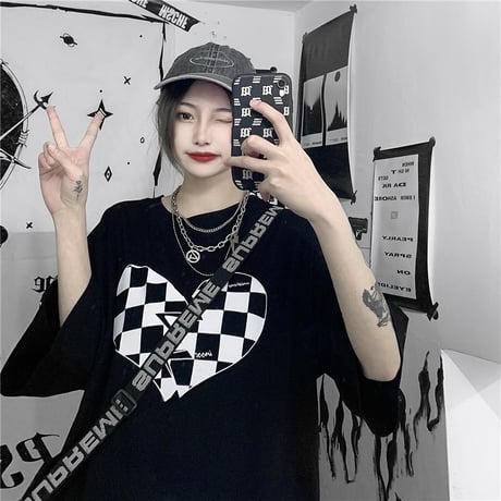 ユニセックス Tシャツ 半袖 チェック柄ハート ラウンドネック オーバーサイズ トップス 大きめ カジュアル ストリートファッション DTC-638301353656