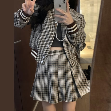セットアップ チェック柄 スタジャン プリーツスカート 長袖 ゆったり レトロ 2点セット 韓国ファッション レディース カジュアル 大人可愛い ガーリー DTC-665991124479