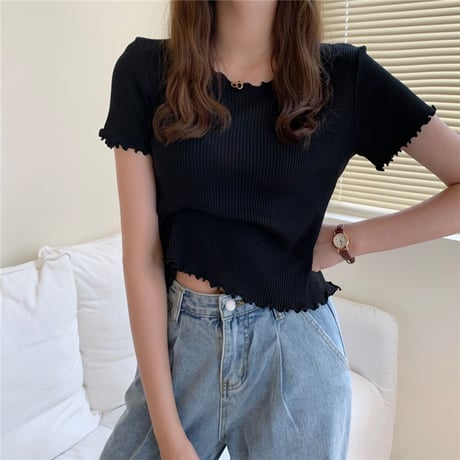 ウェーブヘム リブニット サマーニット Tシャツ 半袖 ラウンドネック トップス 韓国ファッション レディース カットソー シンプル 大人可愛い ガーリー DTC-639423318201