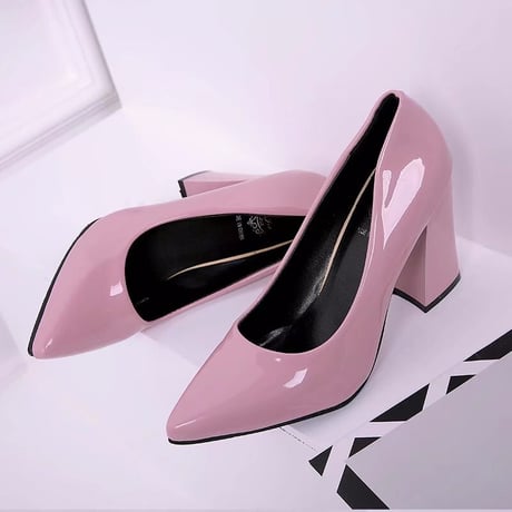 パテントレザー パンプス チャンキーヒール 9cm 韓国ファッション レディース シンプル ポインテッドトゥ ローヒール シューズ キュート 痛くない かわいい 歩きやすい 563485182951