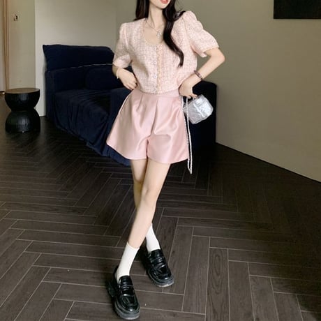 セットアップ ノーカラー サマージャケット チェック柄 半袖 クロップド丈 ショートパンツ ハイウエスト レトロ 韓国ファッション レディース 大人可愛い ガーリー DTC-712730410132