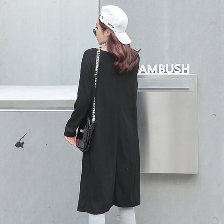 スリットTシャツ ロング丈 全3色 韓国ファッション レディース チュニック ワンピース ゆったり ラウンドネック 無地 ストリート (1RIRIT-025)