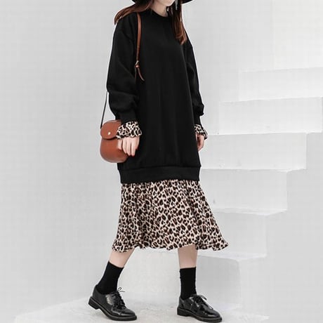 レディース レオパード フリルポイント ドッキングワンピース ロング丈 フレアスカート レイヤード風 重ね着風 韓国ファッション オルチャン (DCT-581221757538)