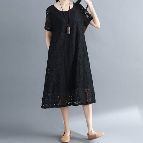 レディース 花柄レースワンピース フレア ロング 半袖フレアワンピース フェミニン 韓国ファッション (DCT-587692535096)