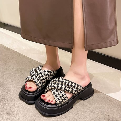 千鳥柄 厚底サンダル クロスベルト チェック柄 サンダル 厚底 スリッパ 美脚効果 脚長 トレンド かわいい 歩きやすい 韓国ファッション レディース DTC-717952450535