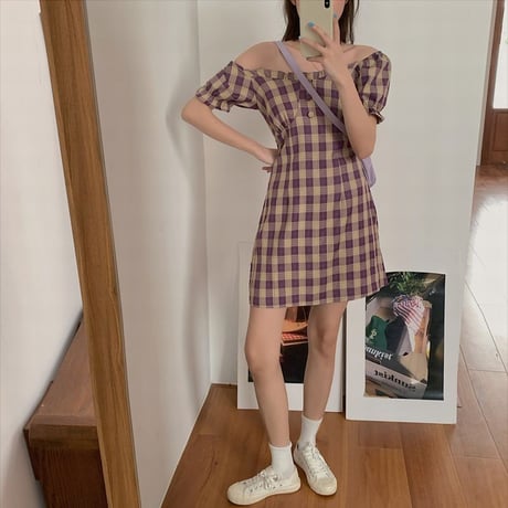 2way ワンピース スクエアネック オフショルダー 韓国ファッション レディース バブルスリーブ ハイウエスト Aライン ミニ丈 シンプル ガーリー DTC-616045068671