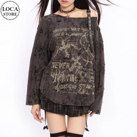 ワンショルダー ダメージ加工 トップス ストラップ tシャツ グラフィックプリント オーバーサイズ ロンt 長袖 韓国ファッション レディース 大人可愛い ガーリー DTCA-822110064294