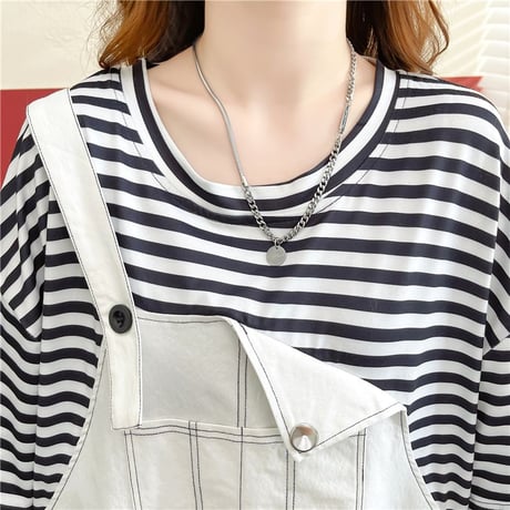 フェイクレイヤード ワンピース Tシャツ ドッキングワンピース ミニ丈 バイカラー ルーズ 半袖 レトロ 大人可愛い ガーリー 韓国ファッション レディース DTC-678993747695