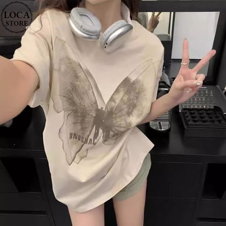 Tシャツ バタフライ オーバーサイズ クルーネック トップス 半袖 レトロ 韓国ファッション レディース 大人可愛い ガーリー カジュアル DTC-a770020975996