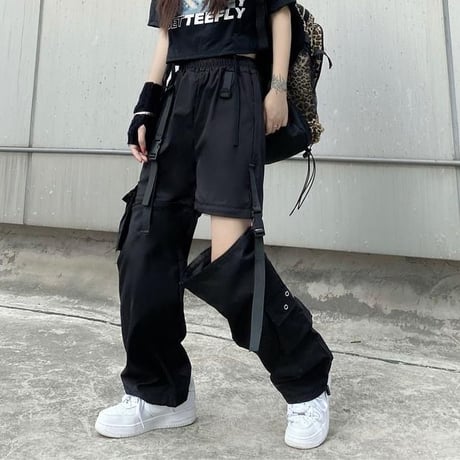 2WAY カーゴパンツ ワイドパンツ バックルベルト ストラップ ミリタリーパンツ アシンメトリー ウエストゴム 韓国ファッション レディース 大人可愛い ガーリー DTC-656242658198