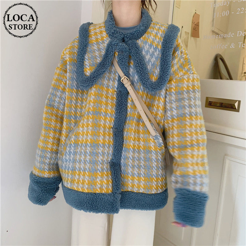 ボアブルゾン チェック柄 大きい襟 韓国ファッション レディース