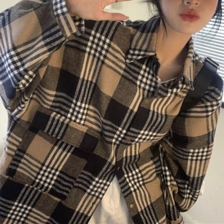 タータンチェック シャツ オーバーサイズ チェック柄 チェックシャツ 長袖 レトロ 韓国ファッション レディース 大人可愛い ガーリー カジュアル ストリート系 DTC-655403413522
