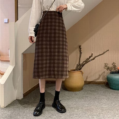 チェック柄 コーデュロイスカート ハイウエスト 韓国ファッション レディース ロングスカート タイトスカート 大人可愛い ガーリー DTC-628449073016