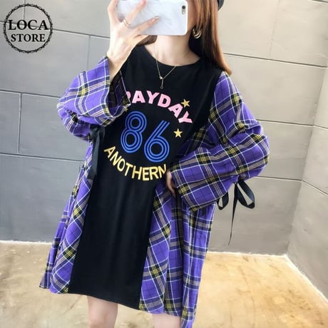 フェイクレイヤード ドッキング ワンピース チュニック チェック×Tシャツ 長袖 韓国ファッション レディース ラウンドネック ランタンスリーブ (DTC-604223705546)
