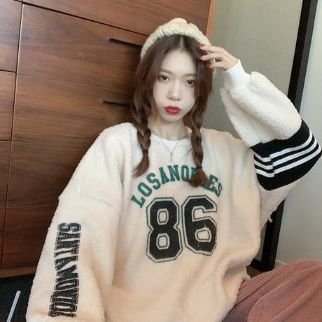 ボアトレーナー ボアトップス もこもこ イミテーションラムウール ルーズ 韓国ファッション レディース ボア ゆったり カジュアル ストリート系 ガーリー DTC-631557083791