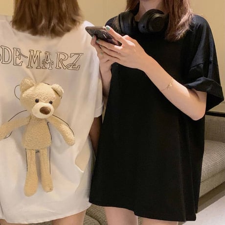 クマのぬいぐるみ付き Tシャツ オーバーサイズ 半袖 韓国ファッション レディース ルーズ トップス ゆったり カットソー カジュアル かわいい ガーリー DTC-618264974574