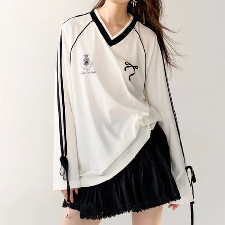 ユニフォーム風 トップス サイドライン リボン プルオーバー ロンT tシャツ Vネック オーバーサイズ ルーズ 長袖 レトロ 大人可愛い ガーリー カジュアル DTCA-839618355803