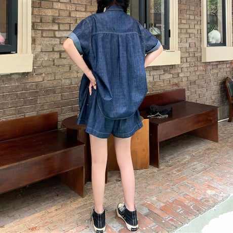セットアップ デニムシャツ デニムショートパンツ 半袖 パンツスーツ ゆったり デニム レトロ 韓国ファッション レディース 大人可愛い ガーリー カジュアル DTC-675222209220