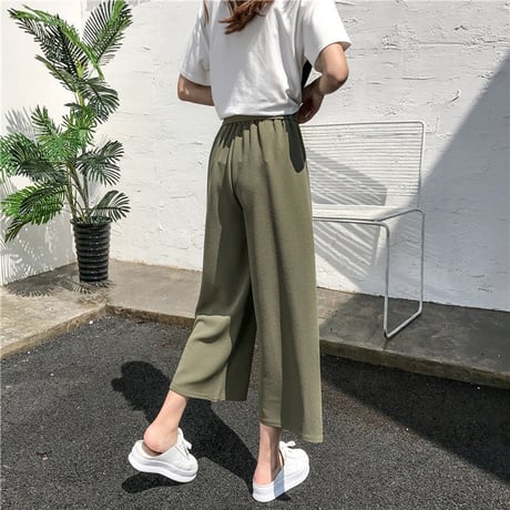 レディース ワイドパンツ ガウチョパンツ ハイウエスト ウエストリボン パンツ ボトムス 韓国ファッション オルチャン (DCT-576943177093)