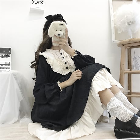 ワンピース ロリータ風ワンピース ロリータ ゴシック フリル ハイウエスト 伸縮性ウエスト 長袖 レトロ ガーリー フェミニン DTC-600749332516