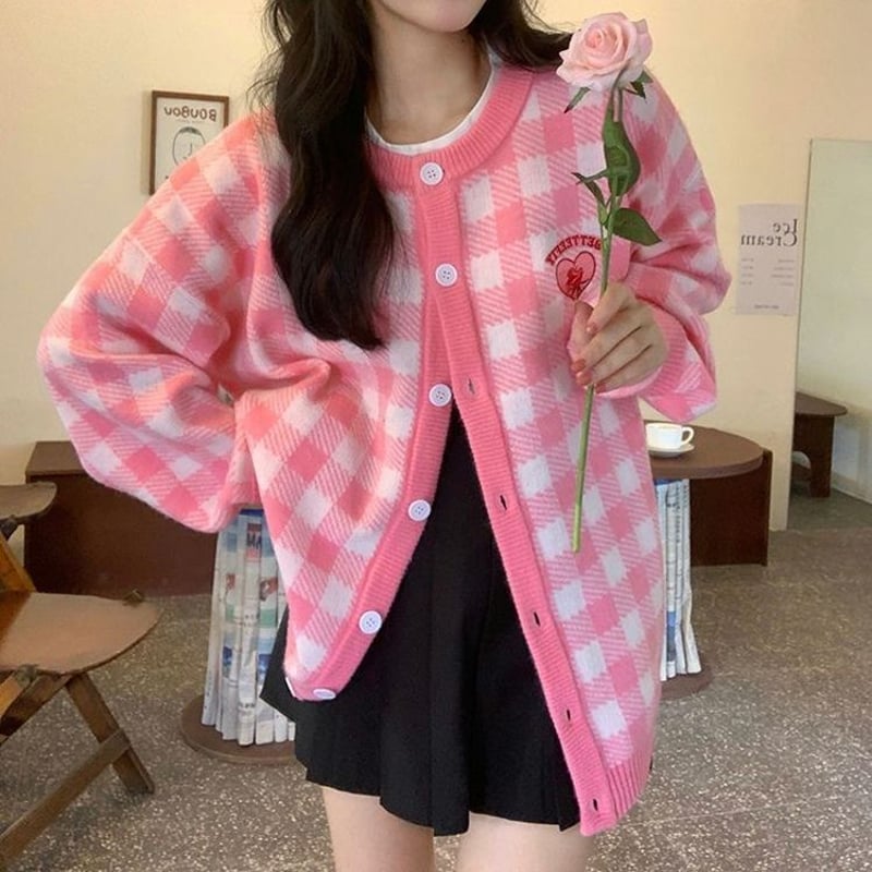 チェック柄 ニットカーディガン ハート ラウンドネック 長袖 オーバー