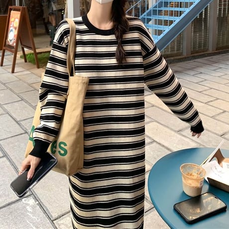 フリンジヘム ボーダー柄 ワンピース 裾フリンジ マルチボーダー ルーズ ロングワンピース 長袖 レトロ 韓国ファッション レディース 大人可愛い ガーリー DTC-745108598997