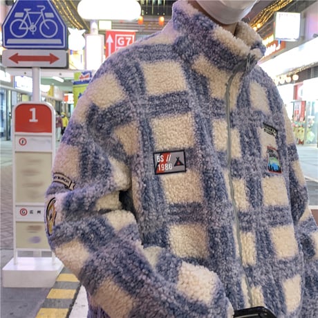 ユニセックス チェック柄 ボアジャケットもこもこ ラムウール ジップアップ 男女兼用 ショートコート ゆったり ボア カジュアル ストリート系 DTC-634195642983
