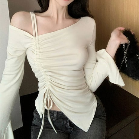 Tシャツ ワンショルダー ギャザー カットソー トップス ショート丈 不規則 スリムフィット アプリコット ブラック シンプル 長袖 レトロ 大人可愛い ガーリー DTCA-757439921172