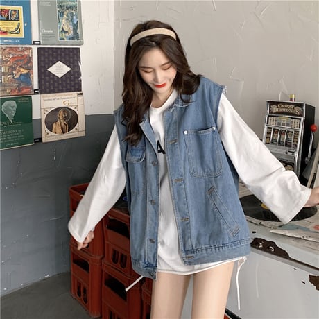 デニムベスト デニムジャケット 韓国ファッション レディース ベスト ノーカラージャケット ジージャン Gジャン DTC-611766440465