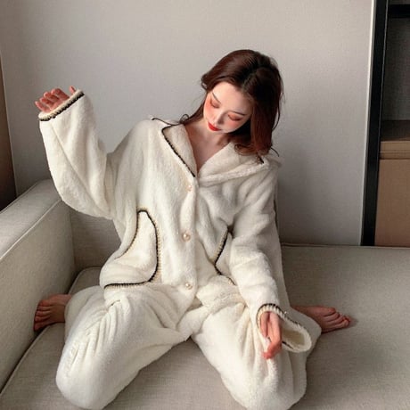 ルームウェア パジャマ セットアップ フリース プラスベルベット トップス + パンツ 長袖 上下セット 韓国ファッション レディース もこもこ ガーリー 633794682654