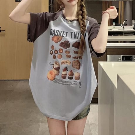 Tシャツ 半袖 グラフィックプリント バイカラー トップス 半袖Tシャツ クルーネック オーバーサイズ ルーズ ゆったり カジュアル 韓国ファッション レディース DTC-714620878650