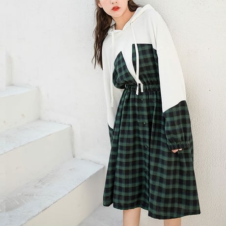 チェック柄 ワンピース 韓国ファッション レディース フェイクレイヤード フード ランタンスリーブ ウエストゴム ひざ丈 シンプル 春 秋 韓国 (DTC-587950595372)