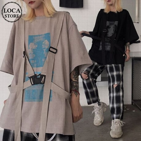 ストラップ付き Tシャツ 半袖 ルーズ 韓国ファッション レディース トップス ゆったり 大きめ カジュアル ストリートファッション DTC-641557398016