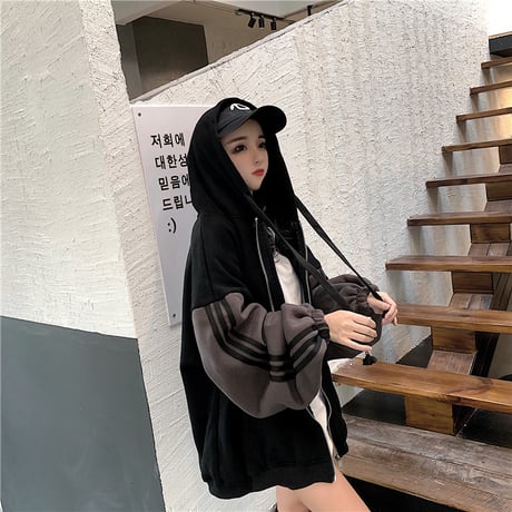 バイカラー パーカー ジップアップ 韓国 ファッション レディース ストリート系 裏起毛 ボリューム袖 ルーズ ライン オーバーサイズ (DTC-604058467663)
