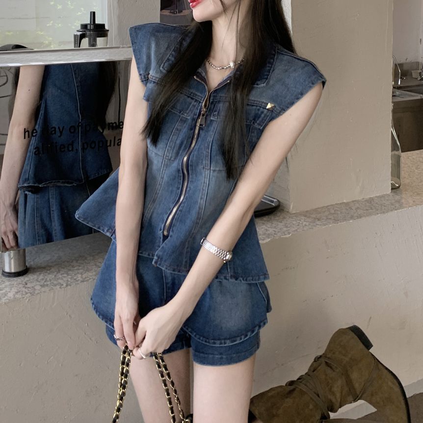 セットアップ ショートパンツ ノースリーブ ベスト デニム風 fit=scale-down,w=1200