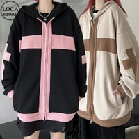 ユニセックス パーカー ジップアップ バイカラー クロスデザイン オーバーサイズ カジュアル 韓国ファッション メンズ レディース 韓国ストリートファッション DTC-681105858978