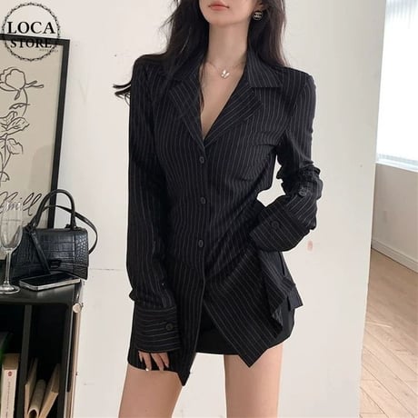 ストライプ柄 シャツ Vネック ブラウス トップス ウエストシェイプ シンプル 前開き ボタン スリムフィット 長袖 レトロ 大人可愛い ガーリー DTCA-758534668604