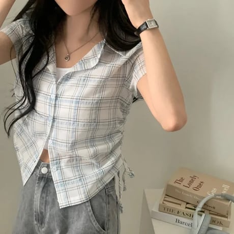 チェック柄シャツ サイドシャーリング トップス ショート丈 ドローストリング ドロスト チェックシャツ 半袖 レトロ 大人可愛い ガーリー カジュアル トレンド DTCA-925867914003