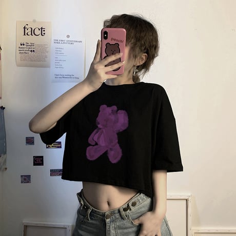 クロップドTシャツ 半袖 クマプリント ラウンドネック クロップド丈 韓国ファッション レディース Tシャツ ショート丈 カジュアル ストリートファッション DTC-622776901664