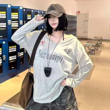 フーディー レタリングプリント ロンT Vネック 薄手 パーカー トップス カットソー ゆったり 長袖 レトロ 大人可愛い ガーリー ストリート女子 カジュアル DTCA-982467900127