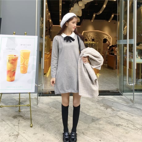 襟付き ニットワンピース 韓国ファッション レディース ボウタイ リボン 長袖 シンプル レトロ ガーリー 秋 冬 大人カジュアル (DTC-581766801275)