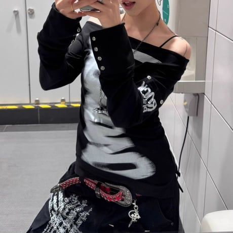 前後2way ロンT ブラッシュプリント オフショルダー カットソー tシャツ トップス スリムフィット タイトフィット レトロ 大人可愛い ガーリー カジュアル DTCA-981680300134