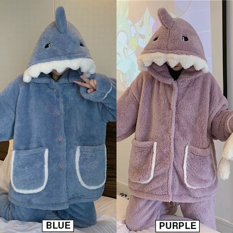 【ルームウェア】 フリース パジャマ セットアップ トップス + パンツ シャーク サメ 長袖 ブルー パープル 上下セット 韓国ファッション レディース ガーリー DTC-628699765024