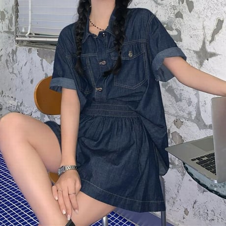 セットアップ デニムシャツ デニムショートパンツ 半袖 パンツスーツ ゆったり デニム レトロ 韓国ファッション レディース 大人可愛い ガーリー カジュアル DTC-675222209220