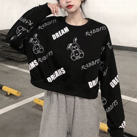 トレーナー うさぎ ラビット ショート丈 ルーズ 長袖 トップス クロップド丈 韓国ファッション レディース ガーリー カジュアル ストリートファッション DTC-652576796234